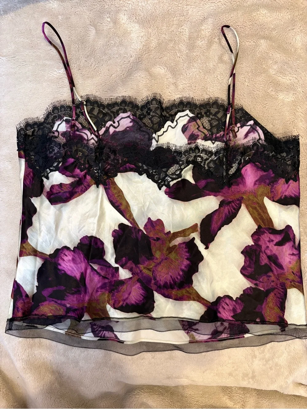 Floral Lace Trim silky Cami - Purple & Black